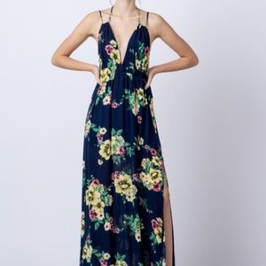 NWT Navy Floral Print Open Back Maxi Dress Side Slit Adjustable Neck Lar…